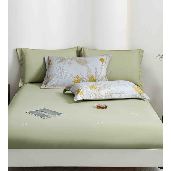 Lenjerie pat dublu, BUMBAC FINET, 6 piese, cu ELASTIC, Verde-Alb, frunze, LPL-015