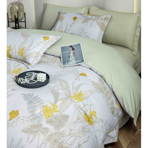Lenjerie pat dublu, BUMBAC FINET, 6 piese, cu ELASTIC, Verde-Alb, frunze, LPL-015