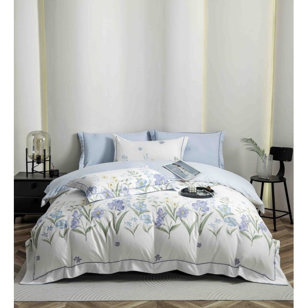 Lenjerie pat dublu, BUMBAC FINET, 6 piese, cu ELASTIC, Alb-Blue, flori, LPL-016 Lenjerie pat dublu, BUMBAC FINET, 6 piese, cu ELASTIC, Alb-Blue, flori, LPL-016