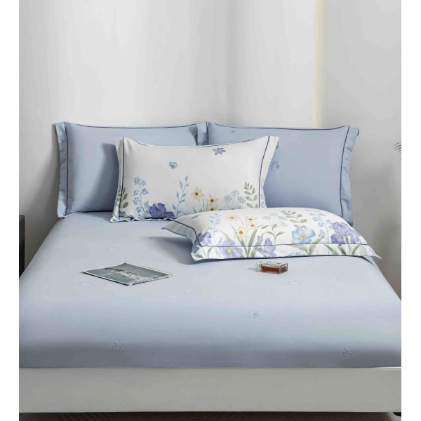 Lenjerie pat dublu, BUMBAC FINET, 6 piese, cu ELASTIC, Alb-Blue, flori, LPL-016