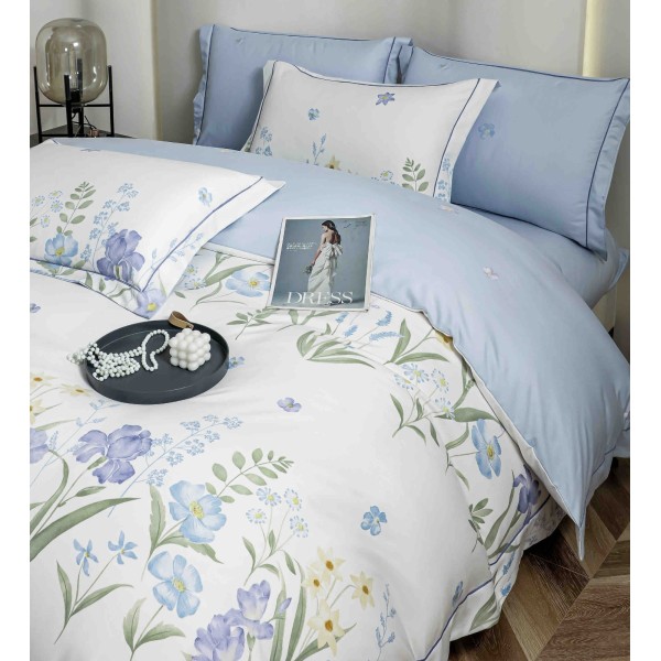 Lenjerie pat dublu, BUMBAC FINET, 6 piese, cu ELASTIC, Alb-Blue, flori, LPL-016