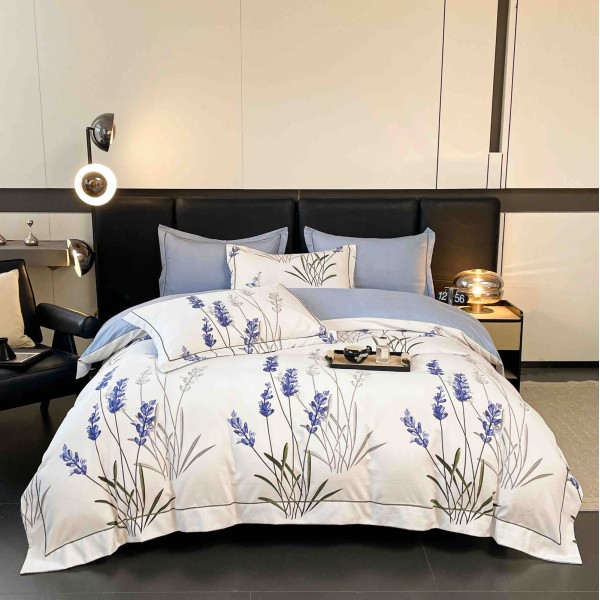 Lenjerie pat dublu, BUMBAC FINET, 6 piese, cu ELASTIC, Alb-Blue, flori, LPL-017 Lenjerie pat dublu, BUMBAC FINET, 6 piese, cu ELASTIC, Alb-Blue, flori, LPL-017