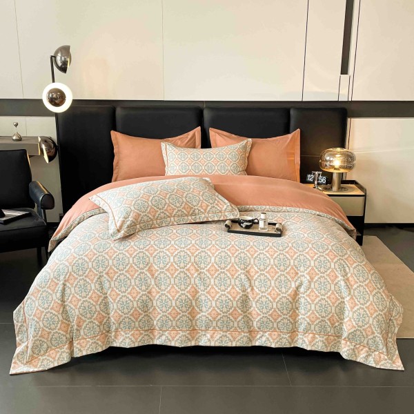 Lenjerie pat dublu, BUMBAC FINET, 6 piese, cu ELASTIC, Crem-Portocaliu, LPL-018