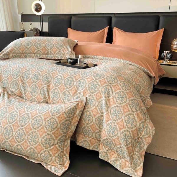 Lenjerie pat dublu, BUMBAC FINET, 6 piese, cu ELASTIC, Crem-Portocaliu, LPL-018
