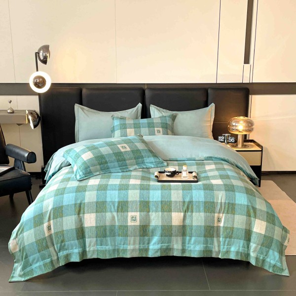 Lenjerie pat dublu, BUMBAC FINET, 6 piese, cu ELASTIC, Verde-Crem, patrate, LPL-020