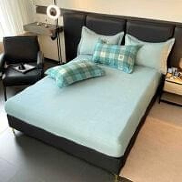 Lenjerie pat dublu, BUMBAC FINET, 6 piese, cu ELASTIC, Verde-Crem, patrate, LPL-020