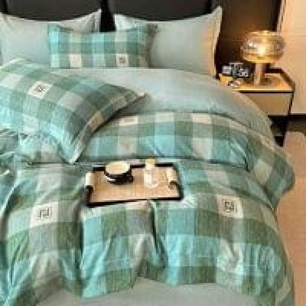 Lenjerie pat dublu, BUMBAC FINET, 6 piese, cu ELASTIC, Verde-Crem, patrate, LPL-020