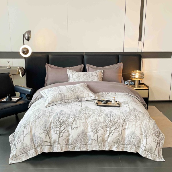 Lenjerie pat dublu, BUMBAC FINET, 6 piese, cu ELASTIC, Alb-Bej, pomi, LPL-021 Lenjerie pat dublu, BUMBAC FINET, 6 piese, cu ELASTIC, Alb-Bej, pomi, LPL-021