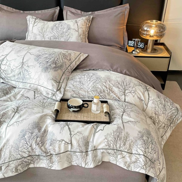 Lenjerie pat dublu, BUMBAC FINET, 6 piese, cu ELASTIC, Alb-Bej, pomi, LPL-021