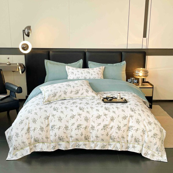 Lenjerie pat dublu, BUMBAC FINET, 6 piese, cu ELASTIC, Vernil-Alb, flori, LPL-022