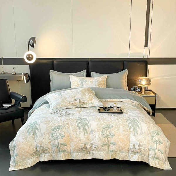 Lenjerie pat dublu, BUMBAC FINET, 6 piese, cu ELASTIC, Vernil-Crem, pomi, LPL-024