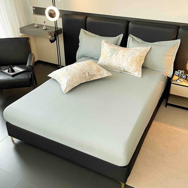 Lenjerie pat dublu, BUMBAC FINET, 6 piese, cu ELASTIC, Vernil-Crem, pomi, LPL-024