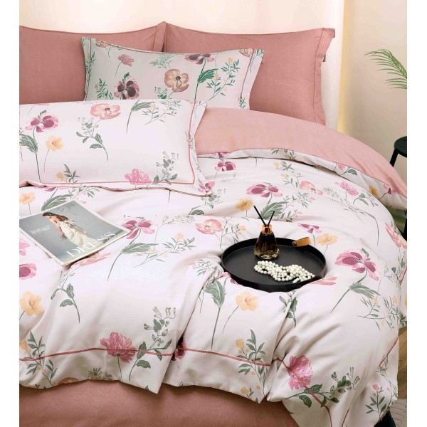 Lenjerie pat dublu, BUMBAC FINET, 6 piese, cu ELASTIC, Alb-Roz, flori, LPL-025