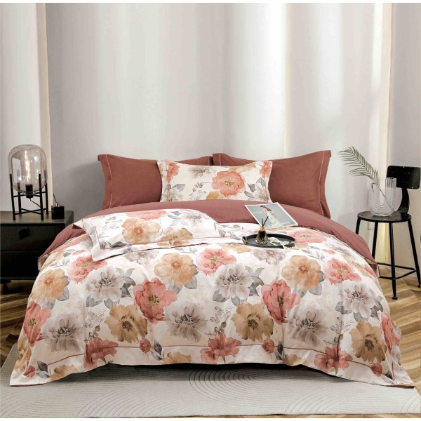 Lenjerie pat dublu, BUMBAC FINET, 6 piese, cu ELASTIC, Maro-Multicolor, flori, LPL-027