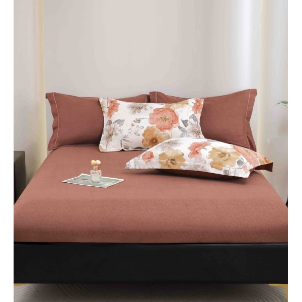 Lenjerie pat dublu, BUMBAC FINET, 6 piese, cu ELASTIC, Maro-Multicolor, flori, LPL-027