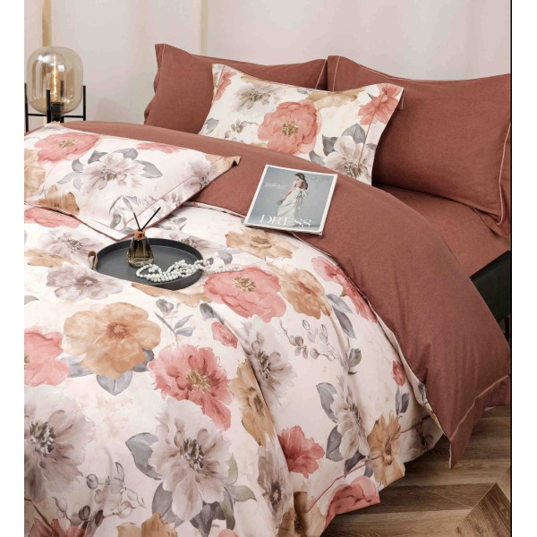 Lenjerie pat dublu, BUMBAC FINET, 6 piese, cu ELASTIC, Maro-Multicolor, flori, LPL-027