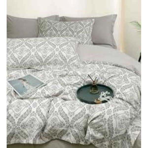 Lenjerie pat dublu, BUMBAC FINET, 6 piese, cu ELASTIC, Alb-Blue, flori, LPL-028