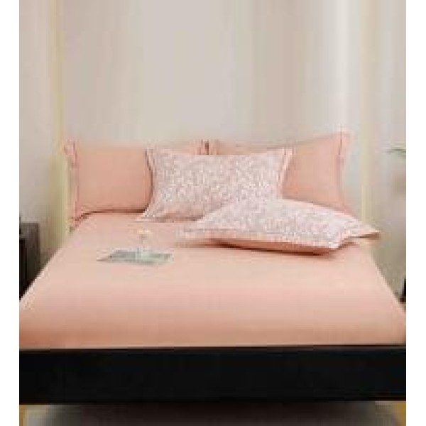 Lenjerie pat dublu, BUMBAC FINET, 6 piese, cu ELASTIC, Roz-Alb, flori, LPL-029