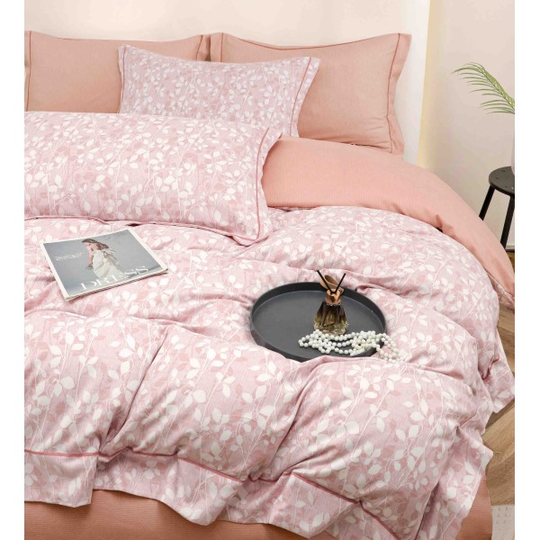 Lenjerie pat dublu, BUMBAC FINET, 6 piese, cu ELASTIC, Roz-Alb, flori, LPL-029