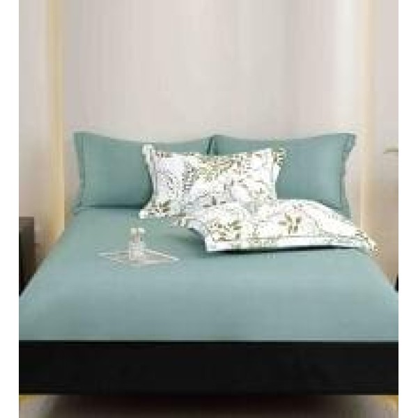 Lenjerie pat dublu, BUMBAC FINET, 6 piese, cu ELASTIC, Alb-Verde, frunze, LPL-030