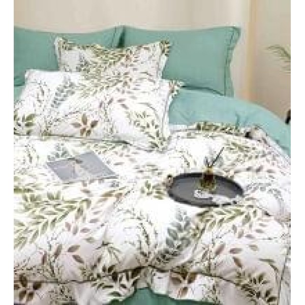 Lenjerie pat dublu, BUMBAC FINET, 6 piese, cu ELASTIC, Alb-Verde, frunze, LPL-030