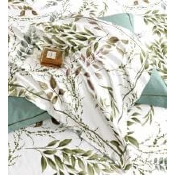Lenjerie pat dublu, BUMBAC FINET, 6 piese, cu ELASTIC, Alb-Verde, frunze, LPL-030