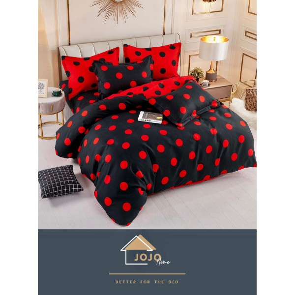 Set Lenjerie de Pat din Finet cu 2 Fete, 6 Piese, Pat 2 Persoane, Negru-Rosu, buline, LDF-104