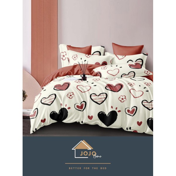 Set Lenjerie de Pat din Finet cu 2 Fete, 6 Piese, Pat 2 Persoane, Alb-Maro, inimi, LDF-096