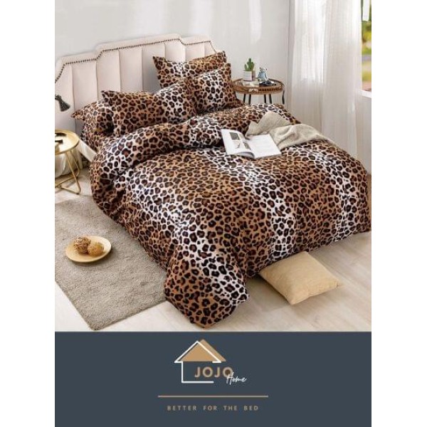 Set Lenjerie de Pat din Finet cu 2 Fete, 6 Piese, Pat 2 Persoane, Maro-Alb, animal print, LDF-113