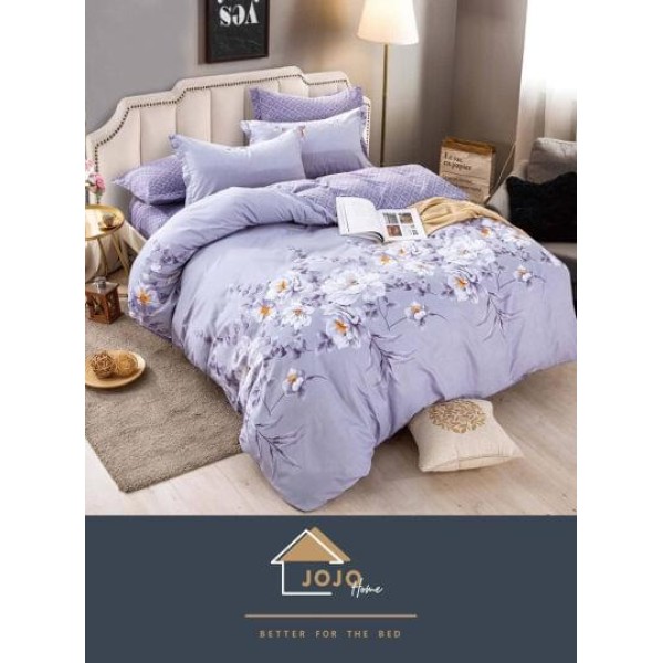 Set Lenjerie de Pat din Finet cu 2 Fete, 6 Piese, Pat 2 Persoane, Lila-Alb, flori, LDF-108