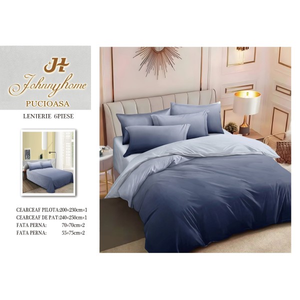Set Lenjerie de Pat din Finet cu 2 Fete, 6 Piese, Pat 2 Persoane, Albastru, degrade, LDF-089