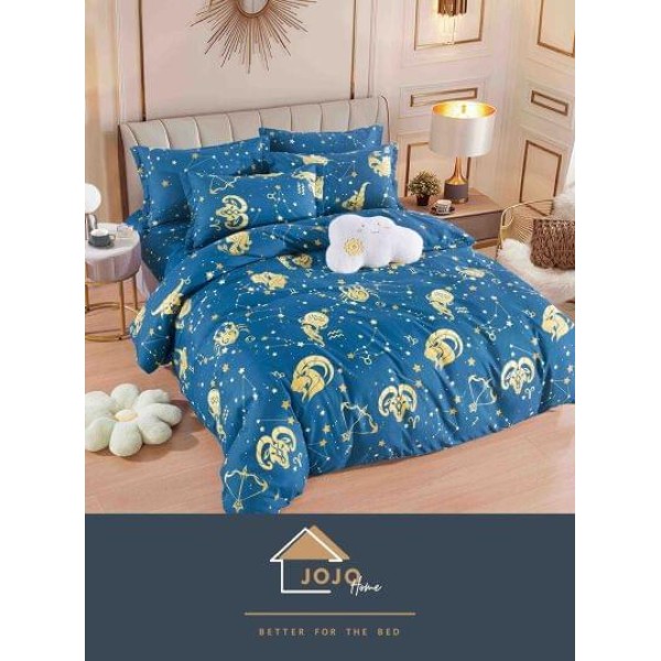 Set Lenjerie de pat din Finet Gros, Cearceaf cu ELASTIC, 6 Piese, Pat 2 Persoane, Albastru-Galben, zodii, LDE-117