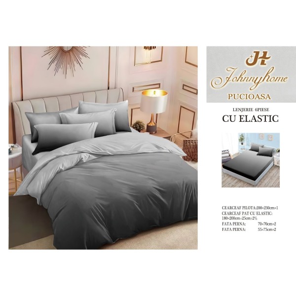 Set Lenjerie de pat din Finet Gros, Cearceaf cu ELASTIC, 6 Piese, Pat 2 Persoane, Gri, degrade, LDE-118