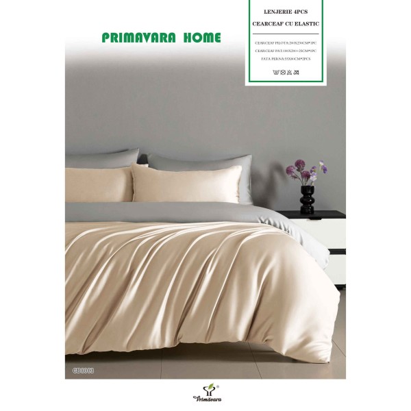 Set Lenjerie Pat Dublu Bumbac Satinat 4 Piese cu Elastic – Bej deschis, LFS-122