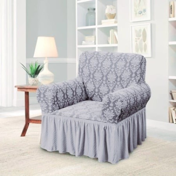 Husa elastica pentru fotoliu, model Jacquard cu volanas, Gri deschis, HCJ-022