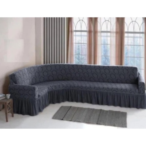 Husa elastica pentru coltar, model Jacquard, cu volanas, Gri inchis, HCJ-011