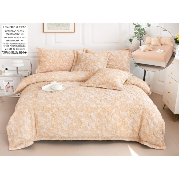 Lenjerie de Pat cu Elastic, Model Grofat, Bumbac cu In, Pat 2 Persoane, 6 Piese, Bej, LSB-002