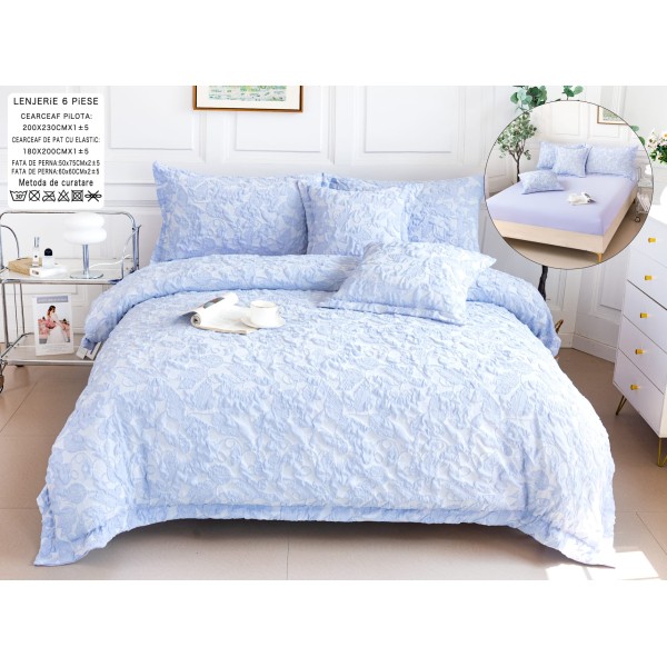 Lenjerie de Pat cu Elastic, Model Grofat, Bumbac cu In, Pat 2 Persoane, 6 Piese, Blue, LSB-019