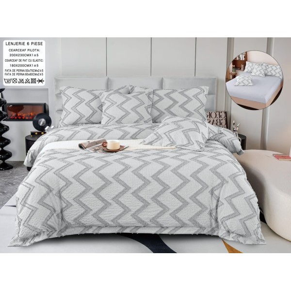 Lenjerie de Pat cu Elastic, Model Grofat, Bumbac cu In, Pat 2 Persoane, 6 Piese, Gri, LSB-037