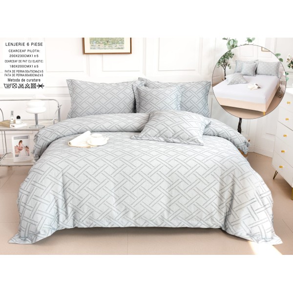 Lenjerie de Pat cu Elastic, Model Grofat, Bumbac cu In, Pat 2 Persoane, 6 Piese, Gri, LSB-038