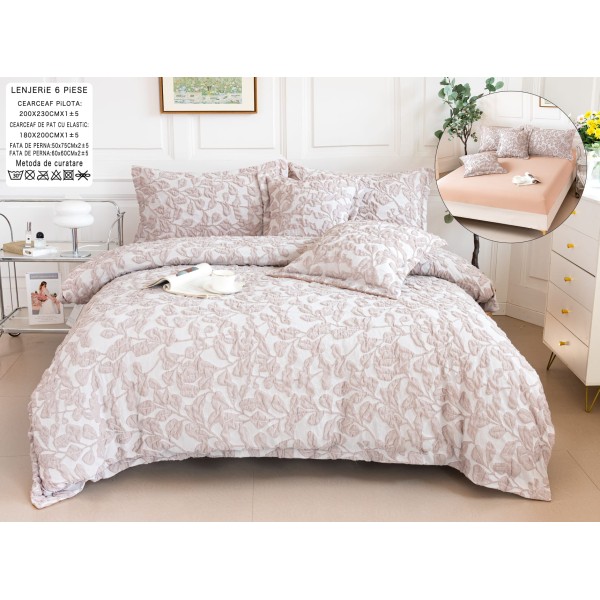 Lenjerie de Pat cu Elastic, Model Grofat, Bumbac cu In, Pat 2 Persoane, 6 Piese, Cenusiu, LSB-040