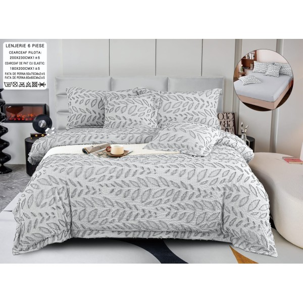 Lenjerie de Pat cu Elastic, Model Grofat, Bumbac cu In, Pat 2 Persoane, 6 Piese, Gri, LSB-041