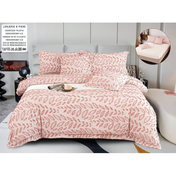 Lenjerie de Pat cu Elastic, Model Grofat, Bumbac cu In, Pat 2 Persoane, 6 Piese, Roz, LSB-042