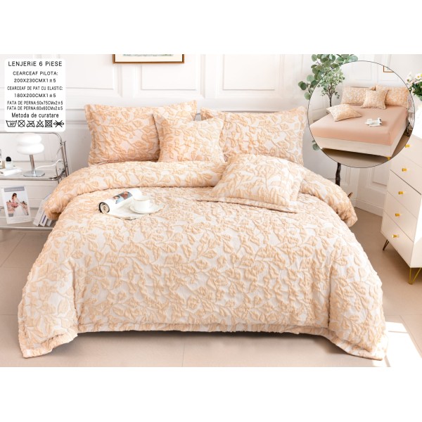 Lenjerie de Pat cu Elastic, Model Grofat, Bumbac cu In, Pat 2 Persoane, 6 Piese, Bej, LSB-043