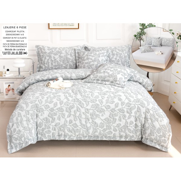 Lenjerie de Pat cu Elastic, Model Grofat, Bumbac cu In, Pat 2 Persoane, 6 Piese, Gri, LSB-044