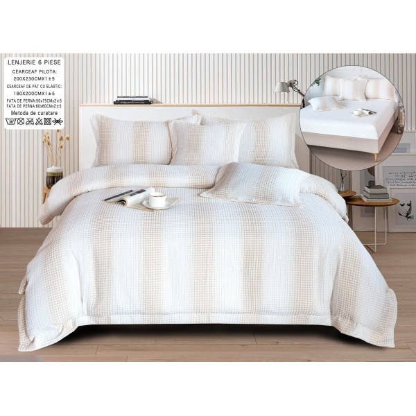 Lenjerie de Pat cu Elastic, Model Grofat, Bumbac cu In, Pat 2 Persoane, 6 Piese, Bej, LSB-045