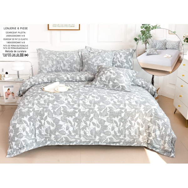 Lenjerie de Pat cu Elastic, Model Grofat, Bumbac cu In, Pat 2 Persoane, 6 Piese, Gri, LSB-046