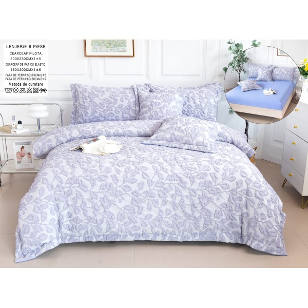 Lenjerie de Pat cu Elastic, Model Grofat, Bumbac cu In, Pat 2 Persoane, 6 Piese, Blue, LSB-047