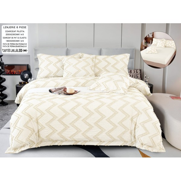 Lenjerie de Pat cu Elastic, Model Grofat, Bumbac cu In, Pat 2 Persoane, 6 Piese, Crem, LSB-048