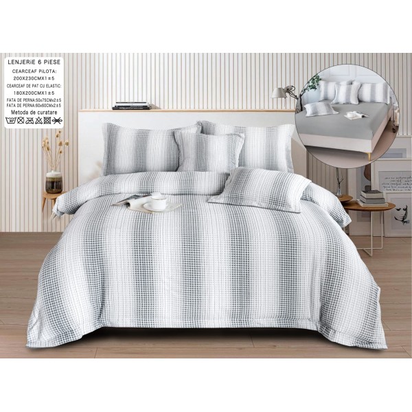 Lenjerie de Pat cu Elastic, Model Grofat, Bumbac cu In, Pat 2 Persoane, 6 Piese, Gri, LSB-049
